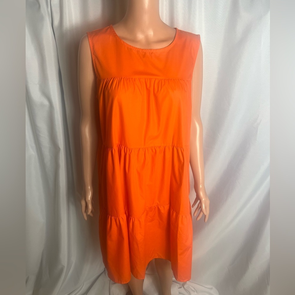 Bright Orange Tiered Midi Dress Sleeveless Easy Relaxed Fit Lightweight Size L